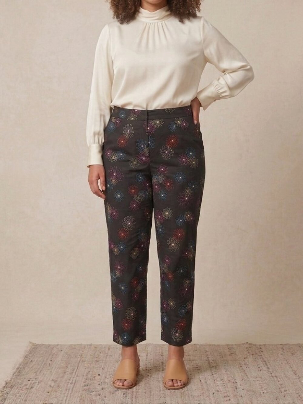 Silkland 100% Silk Pants Women Size 14 Black with Floral Embroidery Colorful lux